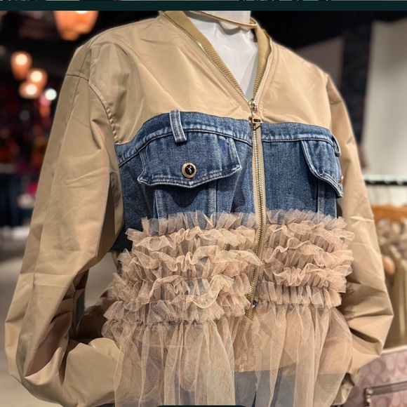 Jackets & Blazers - NWT Mesh Layer Bomber Jacket Denim and Tan Ruffle Jacket